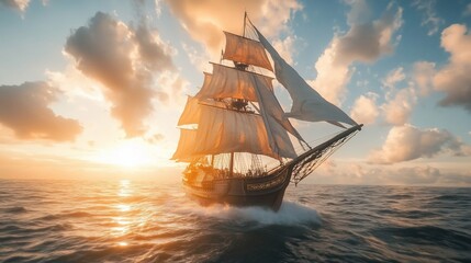 Obraz premium Sailing into Sunset A Majestic Tall Ship on the Open Sea