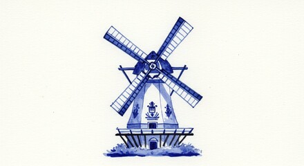 Watercolor depiction of a classic Dutch windmill on a white background. Evokes a feeling of tradition and history.