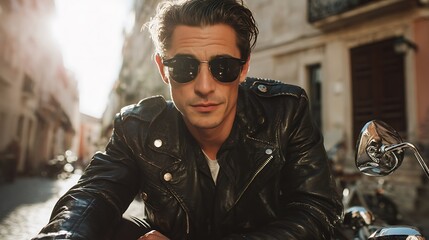 Fototapeta premium Cool man riding a bike in city setting