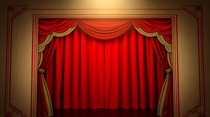 Vintage Red Theatre Curtain with Ephemera Borders and Textured Background, Ideal for Stage Set Design and Dramatic Art Projects, Evoking Nostalgia and Elegance in Theatrical Productions,