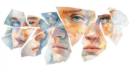 Fragmented Portrait: A watercolor rendering shows a person's face broken into pieces, revealing a sense of vulnerability and emotion.
