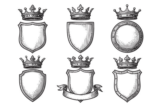 heraldic crown frame set woodcut engraving vector illustration