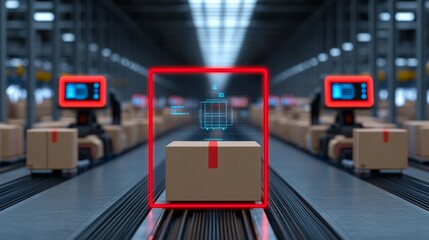 Automated packaging process logistics warehouse digital technology industrial environment close-up view efficiency and innovation