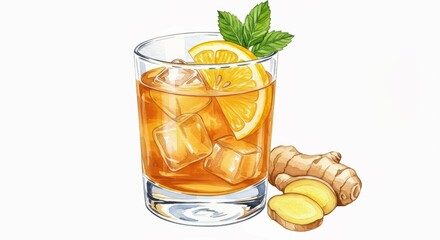 Fototapeta premium Refreshing Ginger Lemon Iced Tea: A cool, invigorating drink featuring a glass of iced tea with a slice of lemon and a sprig of mint.