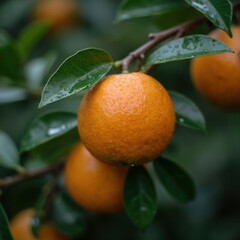 Fresh orange fruit citrus ripe tree branch green leaves droplets natural healthy agriculture close up vibrant organic seasonal food harvest juicy