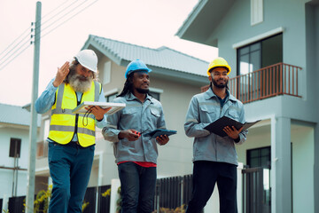 Construction engineers and crews discuss site preparation plans for solar panel installation and system setup for an energy-efficient home project while walking around the project.