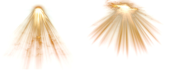 Set of 2 golden light ray bursts with divine glow and soft radiant clouds, spiritual or holy energy concept, isolated on transparent background for religious or celestial design themes