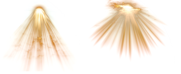 Set of 2 golden light ray bursts with divine glow and soft radiant clouds, spiritual or holy energy concept, isolated on transparent background for religious or celestial design themes