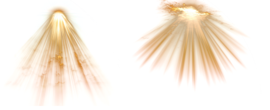 Set of 2 golden light ray bursts with divine glow and soft radiant clouds, spiritual or holy energy concept, isolated on transparent background for religious or celestial design themes
