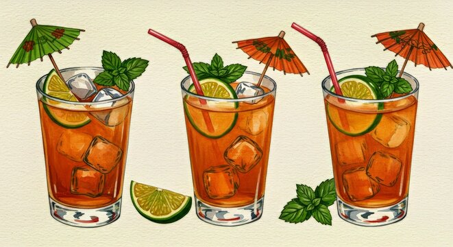 A watercolor illustration of a Tommy's Margarita cocktail in a transparent glass with a lime wheel and ice cubes. Presented on white, this artistic rendering is perfect for menus and beverage