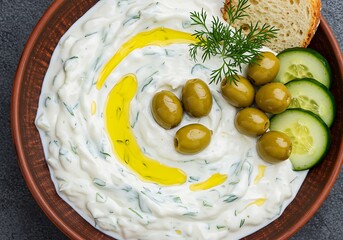 Close up shot of tzatziki dip with olives cucumber dill and bread in a brown ceramic bowl view
