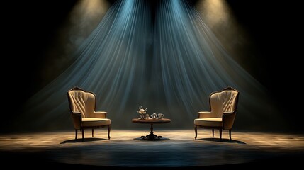 Elegant stage setting with two antique armchairs and small table, bathed in spotlight