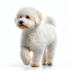 Charming poodle walking gracefully on pure white background pet photography minimalist style