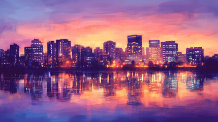 Naklejka premium Watercolor city skyline reflecting on river at sunset 