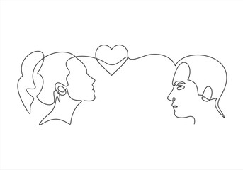 Couple people head profile with love heart, line icon. Face with love feeling, relationship in family. Two lovers look at each other.  Vector minimalist linear illustration. Editable stroke.