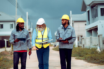 Fototapeta premium Construction engineers and their team are discussing the site preparation plan for installing solar panels, setting up the working system for an energy-saving housing project and exterior overview.