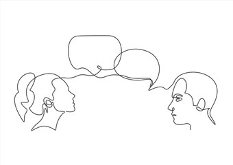 Two people share social network words in media speech bubbles on a text background. line icon-continuous line drawing. Editable stroke.

