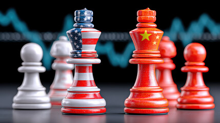 Chess pieces with USA and China flags symbolize trade war and economic conflict