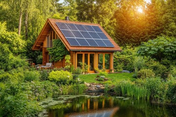 Obraz premium Sustainable wooden cabin with solar panels near a tranquil pond.