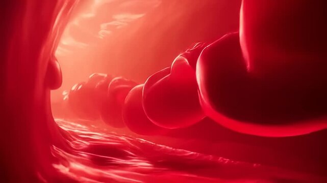 Monochromatic Red Blood Cells Flowing in Blood Vessel Low Angle View Demonstrating Health and Medical Stock Footage