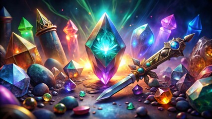 A Mystical Collection of Glowing Crystals and an Ornate Dagger Resting Amongst Sparkling Gems and Polished Stones