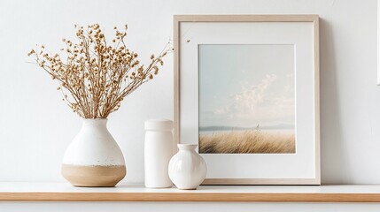 Minimalist Shelf Still Life Dried Flowers Art Print and Vases