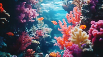 Naklejka premium Underwater Coral Reef Scene with Colorful Fish and Vibrant Coral Formations in Clear Ocean Water