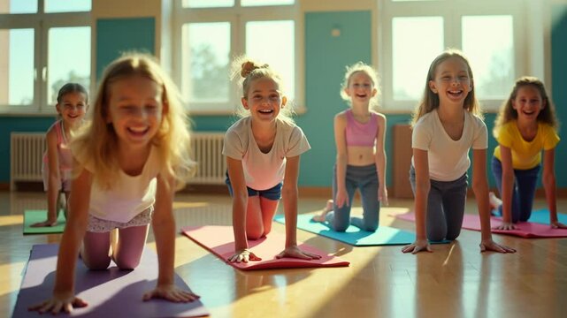 Children enjoying yoga and laughter in a lively school gym filled with vibrant mats and positive energy