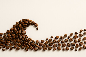 Creative Wave Shape Formed by Roasted Coffee Beans on White Background – Minimalist Food Art Concept for Cafe Branding, Morning Beverage Themes, and Product Advertising
