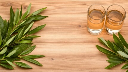 Fototapeta premium Two glasses of beverage surrounded by fresh green leaves on wooden table