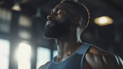African Man with Closed Eyes in Gym Breathing Deeply for Recovery
