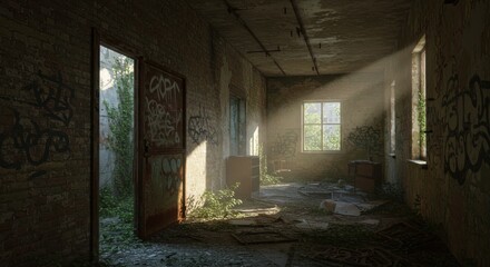 Dilapidated hallway with sunlight streaming through windows