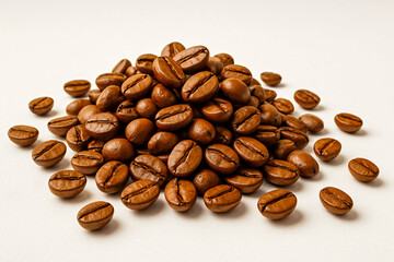 High-Resolution Close-Up of Roasted Coffee Beans in a Neat Pile on White Background – Fresh Aromatic Brown Coffee Grains for Cafe Branding, Packaging, and Food Advertising Designs