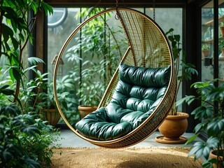 Brushed Brass Egg Chair Swing - Forest Green Vinyl