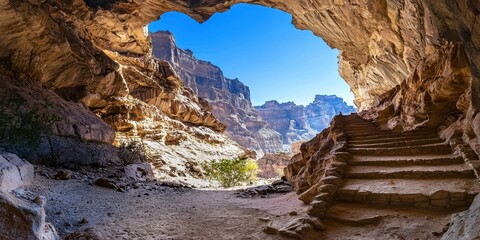 A rocky cave with stone steps opens to a dramatic canyon landscape under a clear blue sky.