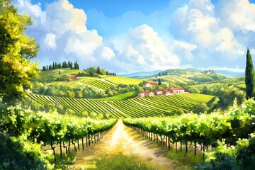 Naklejka premium Rustic vineyard with rows of grapevines and rolling hills.