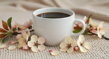 This still life features a white coffee cup paired with delicate spring flowers and soft knitted material. It's a perfect representation of cozy and peaceful moments.