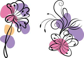 Abstract Floral Designs with Line Art Flowers and Pastel Color Blobs