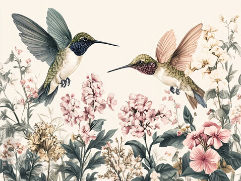 Two hummingbirds explore a colorful garden of blossoming flowers, showcasing detailed nature.