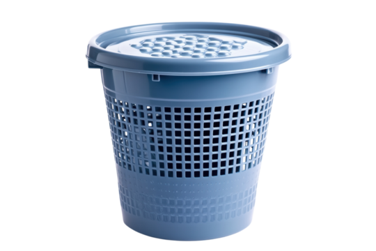 Stylish light blue plastic laundry basket with lid perfect for modern homes featuring a grid on transparent background