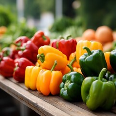 Fresh and Vibrant Colorful Bell Peppers Arranged on Wooden Table Surrounded by Lush Greens in Bright Outdoor Market Setting