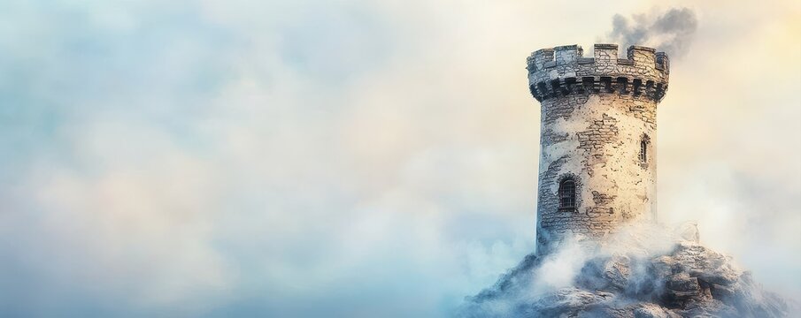 Stone tower stands atop a rocky hill, surrounded by mist and clouds, creating a mysterious and medieval atmosphere.