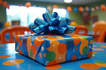 A beautifully wrapped gift with a blue bow sits on a polka-dotted table in a festive party setting