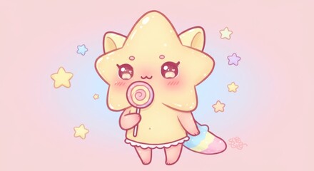 Cute kawaii star character illustration with lollipop on dreamy pastel background