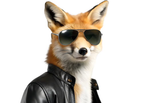 Cool fox wearing sunglasses and leather jacket  isolated on white background PNG