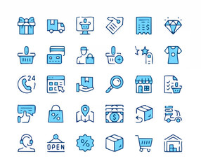 Ecommerce icons. Outline symbols. Vector blue line icons se