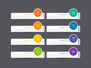 Modern infographics business design with 8 option concepts, parts, steps or processes can be used for workflow layout, diagram, number options, web design. infographic element.