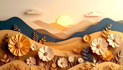 Paper cut landscape with sun,flowers and mountains in warm earthy tones