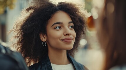 Obraz premium Portrait of a Young African Woman Smiling with Natural Curly Hair Outdoors