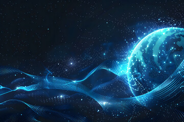 Abstract blue digital background with glowing planet